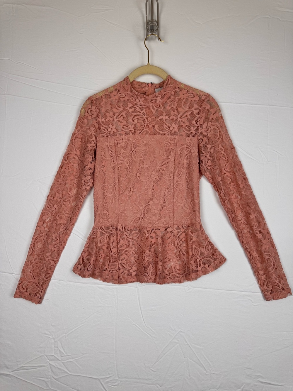 Sheer Lace JustFab Peplum Long-Sleeve Top - Dusty Rose Small Romantic Cottage